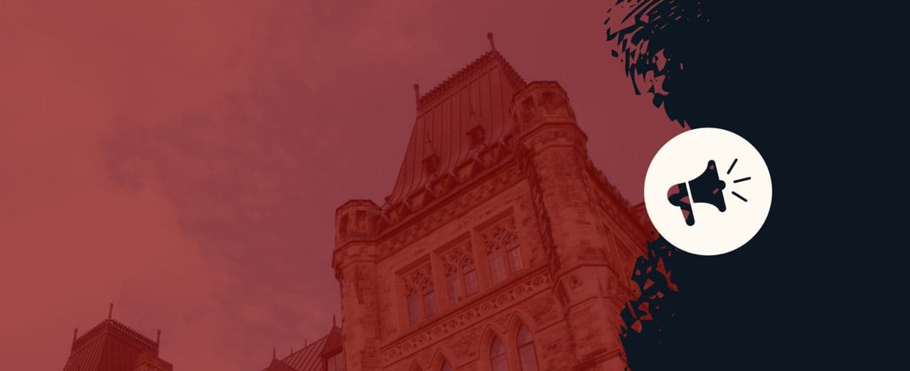 Red and navy banner featuring a historic building.