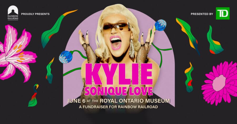 Promotional poster featuring Kylie Sonique Love with vibrant flowers for Rainbow Railroad's Freedom Party.