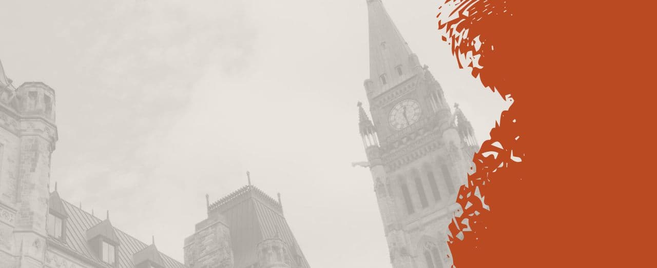 Parliament Hill clock tower with orange abstract overlay.