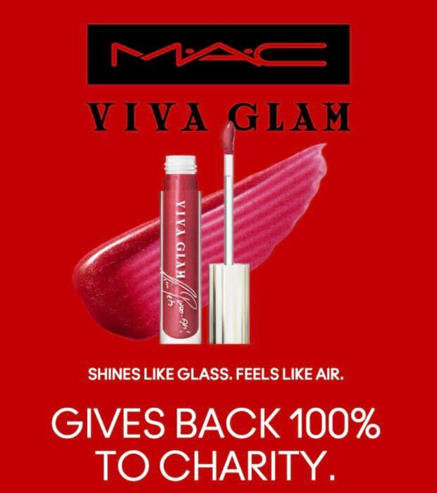 Red MAC Viva Glam ad with a lip gloss tube and brush.