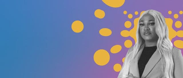 Person in a blazer against a colourful graphic background.