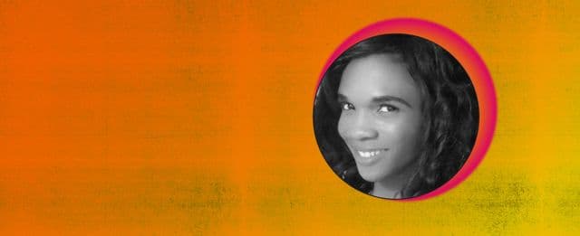 Black-and-white portrait of a smiling person on an orange background.