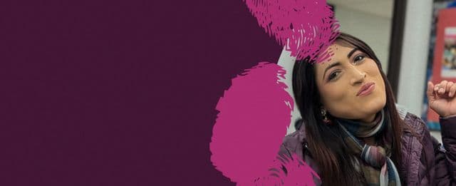 Stylized banner showing person against a purple background.