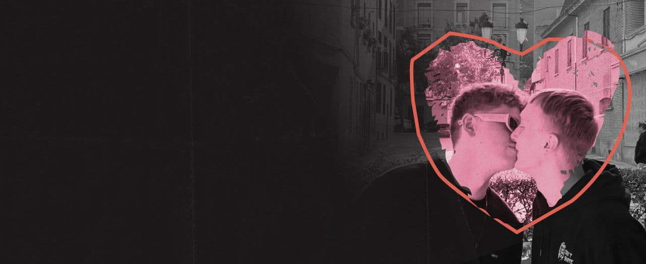 Banner featuring a couple in a pink heart overlay on a black-and-white city street background.