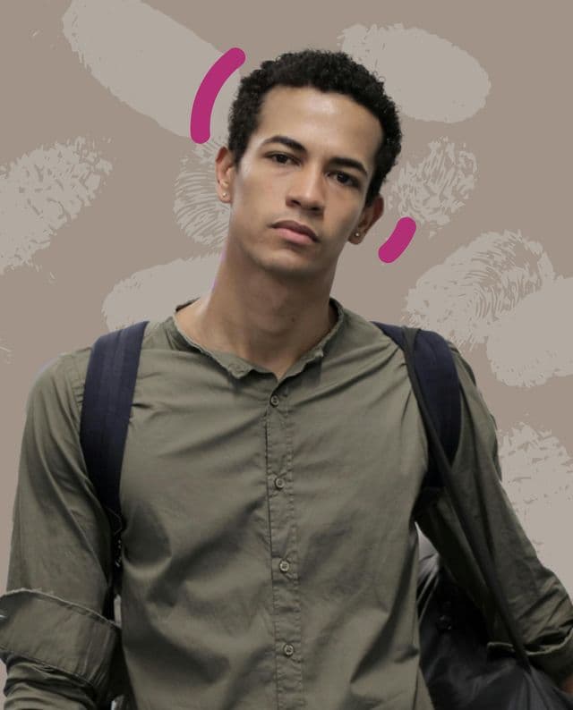 Person with short curly hair and backpack against beige background with fingerprint and pink accents.