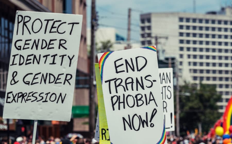 End Transphobia Now sign at protest
