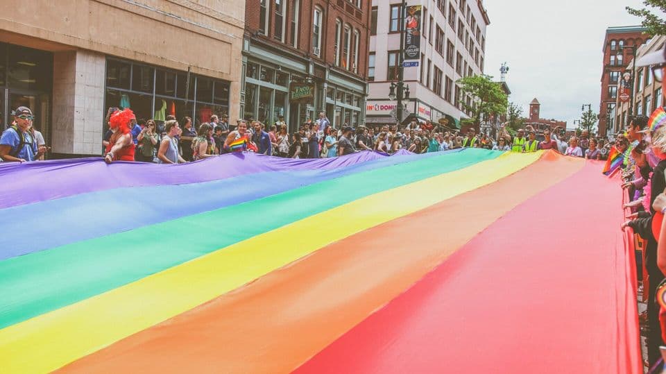 Image of giant rainbow flag being held up by a crowd