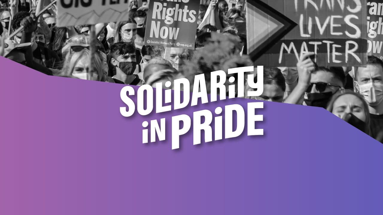 “Solidarity in Pride” text over a protest crowd in black and white with a purple gradient overlay.