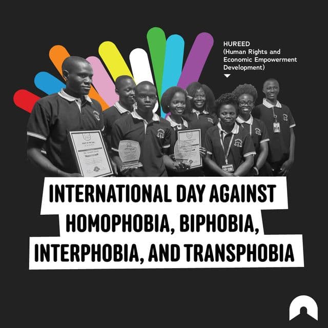 International Day Against Homophobia, Biphobia, Interphobia, and Transphobia graphic featuring a group holding certificates with colourful rays behind them.