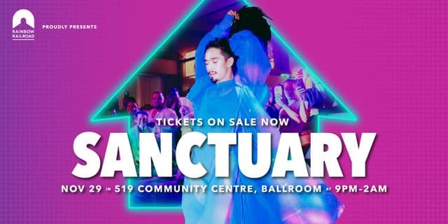 Person dancing on a ballroom floor with an audience watching, the worlds Sanctuary in bold.